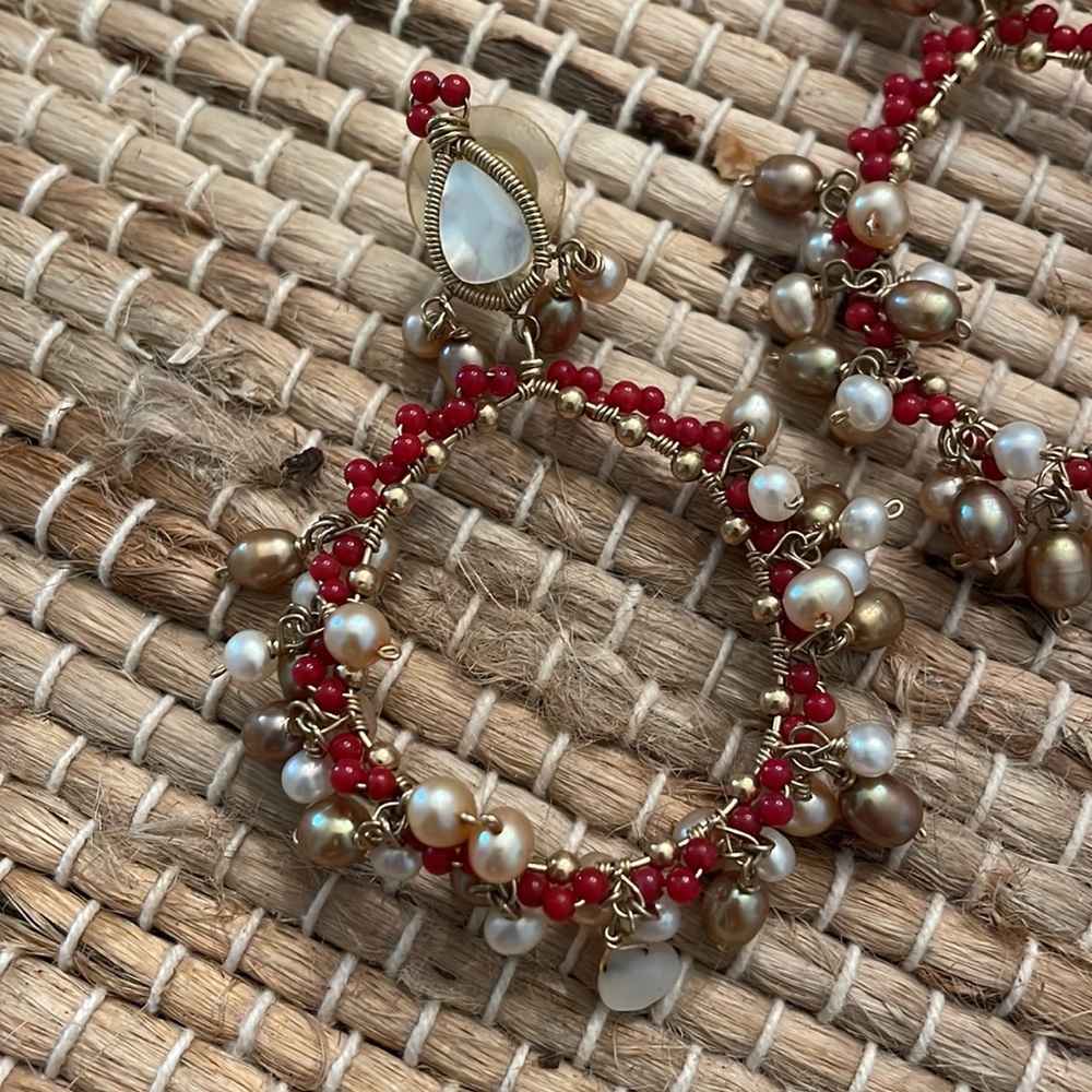 Vintage handmade beaded dangle earrings - new backs provided - red and pearl
